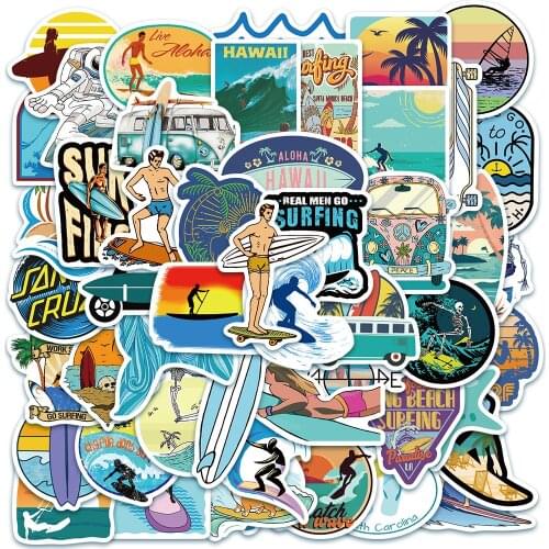 10/30/50PCS Outdoor Surfing Stickers Summer Sports Tropical Beach Surfing Waterproof To DIY Surfboard Car Skateboard Sticker