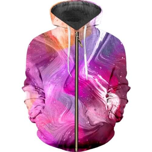 UJWI Zipper Hoodies Mens New Loose Coat 3D Printed Colorful pink mixed starry sky Big Size 5XL Unisex Zip Hooded Sweatshirts