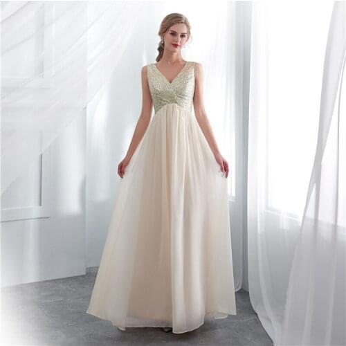 In Stock Chiffon Sequined V-Neck Tank Backless A-line Empire Long Evening Dress Party Gown Vestido de noche robe de soiree