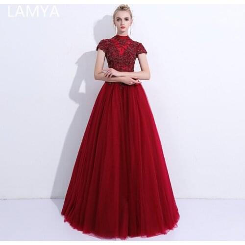 LAMYA Beading Evening Dresses Elegant Embroidery Vestido De Festa Women Banquet Formal Dresses Burgundy for Party Abendkleider