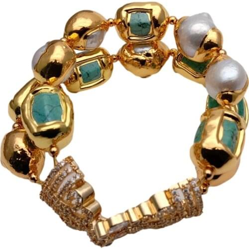 YYGEM Green Turquoise White Freshwater Pearl With Electroplated Edge Bracelet Cubic Zirconia Pave Clasp punk style for women