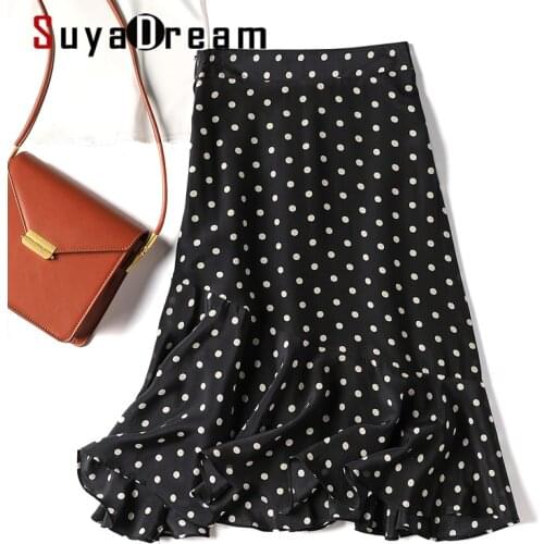 SuyaDream 100%Silk Dots Printed Mermaid Skirt Woman 2021 Summer Autumn Ruffles Black Chic Mid Skirts Office Lady