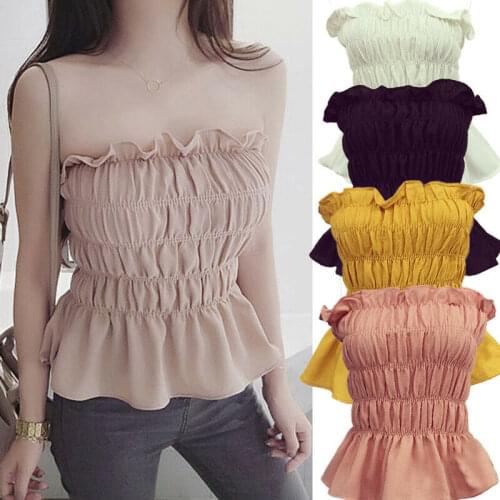 Women Casual Summer Sleeveless Tube Tops Solid Ruffles Flod Off Shoulder Crop Tops