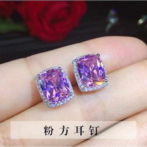 High Quality s925 silver female fashion princess square zircon earrings Pink Zircon Stud Earrings