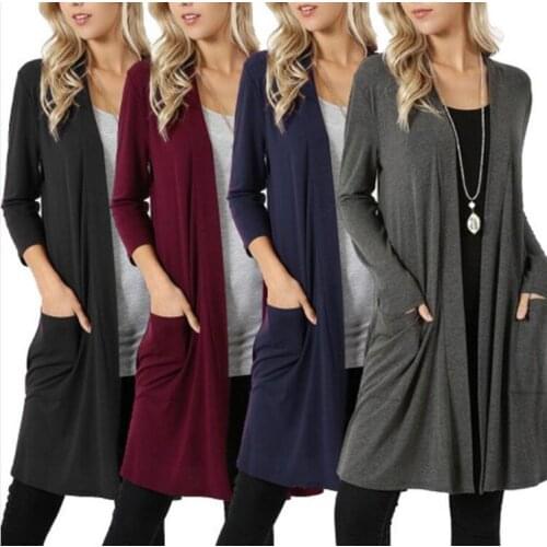 2021 Hot New Womens Open Fly Away Cardigan Sweater Long Sleeve with Pockets Loose Drape Solid Color Leisure Comfortable