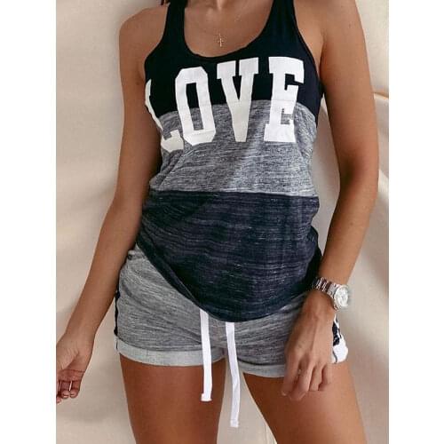 Two Piece Sets Spring Summer Women Casual LOVE Letter Print U-Neck Cami Tank Top & Drawstring Waist Shorts Set Fashion Homewear