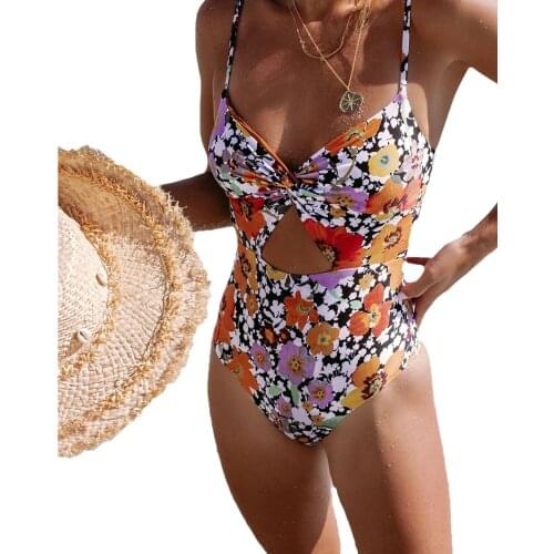 Women Swimming Bodysuit with Floral Print, Sexy Hollow Adjustable Shoulder Strap Summer Clothing