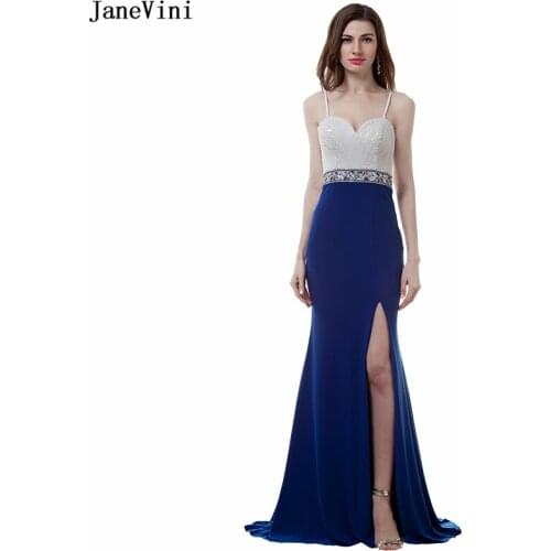 JaneVini Elegant Satin Bridesmaid Dresses Spaghetti Straps Royal Blue Mermaid Prom Dress Luxury Beaded Backless Sexy Party Gowns