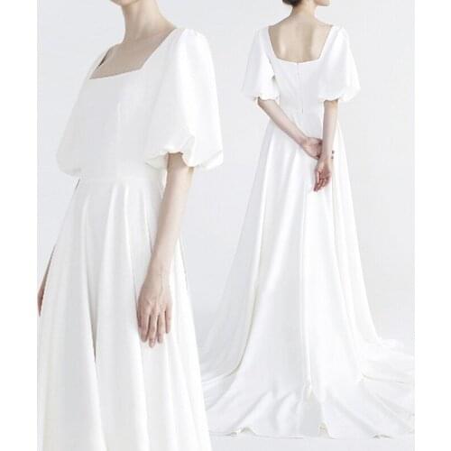 Mariee Modest Soft Satin Wedding Dress Ivory Square Wedding Gowns Elegant Puffy Sleeve Bride Dresses Abito Da Sposa 2020