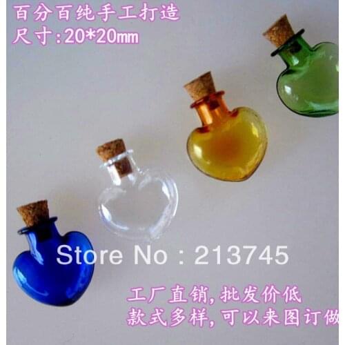 2016 Free shipping 100pcs/lot Cute Heart Mixed Color 20mm cork Wish Mini glass Bottle Perfume essential oil vial pendant