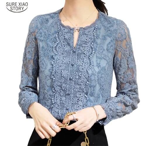 2021 Korean Plus Size Ladies Tops New Autumn Blue Lace Bottom Shirt Women Office Long Sleeve Floral Pullover Blouse Women 10357