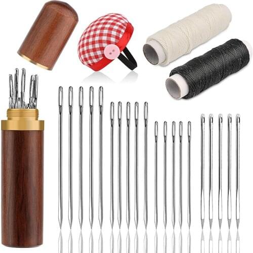 Imzay 24Pcs Leather Sewing Needle Steel Needles In 4 Size With Wooden Needle Case Waxed Thread For Stitching And Sewing