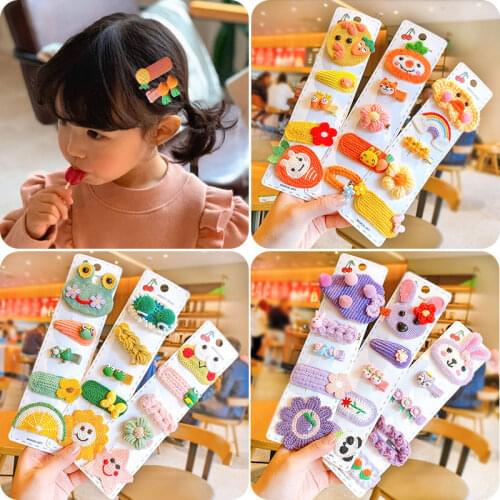 5 Pcs/Set Children Cute Knit Cartoon Flower Rainbow Ornament Hair Clips Girls Lovely Acrylic Sweet Hairpins Kid Hair Accessories