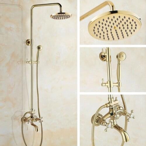 8" Round Shower Head Gold Polished Brass 2 Cross Handles Wall Mounted Bathroom Rain Shower Faucet Set Bathtub Mixer tap agf444
