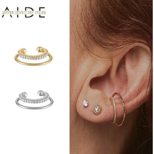 AIDE Double Layer C Shape Non Pierced Ear Cuff Exquisite Zircon Pave 925 Sterling Silver Clip on Earrings Nose Ring kolczyki