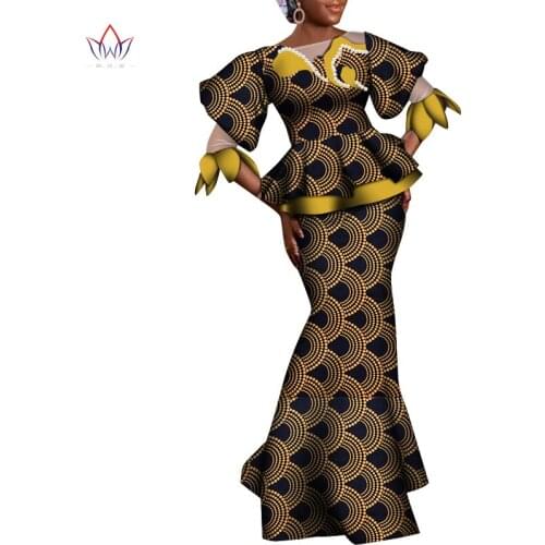 Bintarealwax 2 Piece Sets Womens Dashiki Pearls Top & Skirt African Clothes Bazin Plus Size Lady Clothing for Party WY8392
