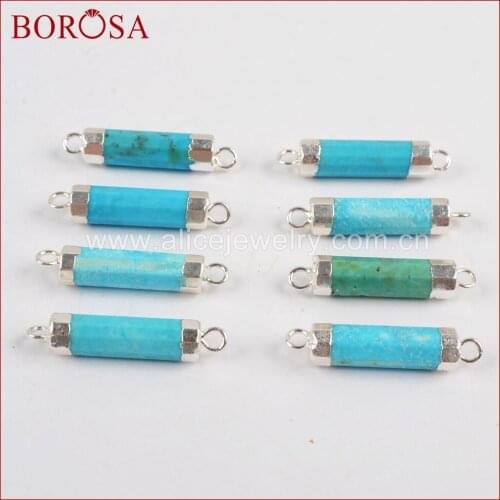 BOROSA 5pcs Silver Color 100% Natural Blue Stone Point Faceted Connector Double Bails for DIY Bracelet Jewelry for Women G1336