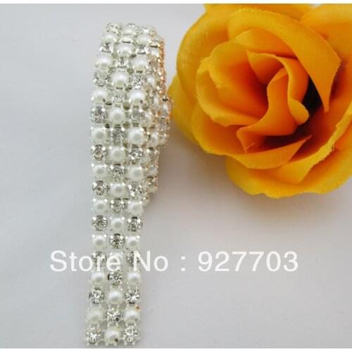 CM101) 1 Yards 3 Rows Clear Crystal Rhinestone Ribbon Diamond Pearl Wraps Sewing Craft