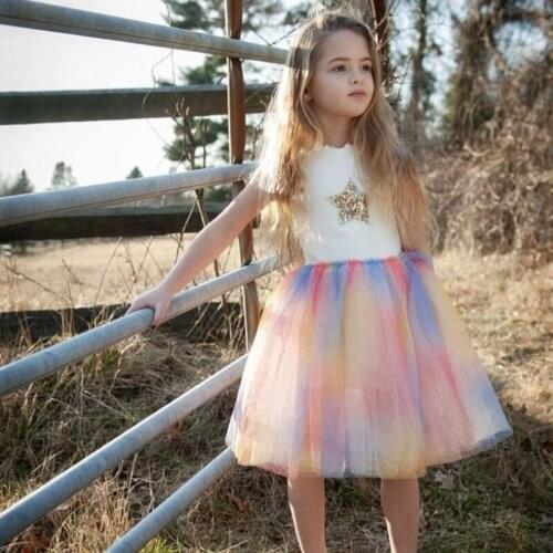 DFXD Summer Girls Clothes Sleeveless Baby Girls Dress Rainbow Mesh Princess Ball Gown Girls Clothing Tutu Birthday Vestidos 2-8T