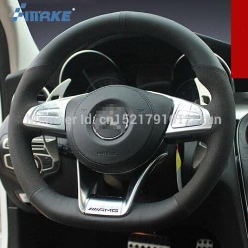 For Benz C200 AMG High Quality Hand-stitched Anti-Slip Black Leather Black Suede Black Thread DIY Steering Wheel Cover