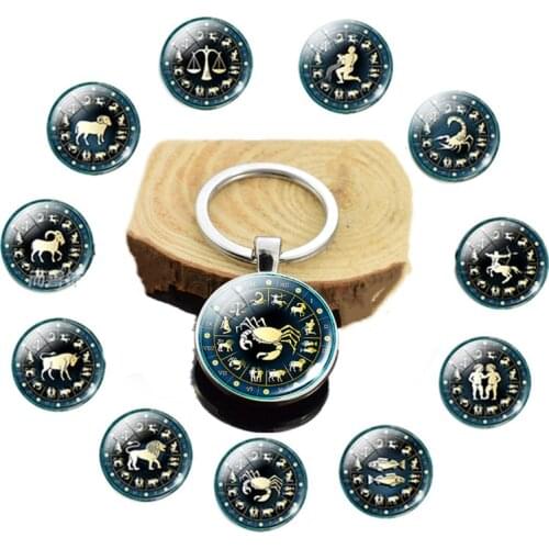 Double Faces 12 Constellation Zodiac Sign Keychain Glass Cabochon Key Ring Jewelry Cancer Taurus Key Chain Women Birthday Gifts