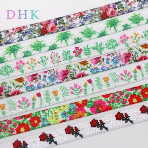 DHK 5/8'' 50yards flowers printed Fold Elastic FOE stretch ribbon hairbow headwear headband DIY OEM S1077