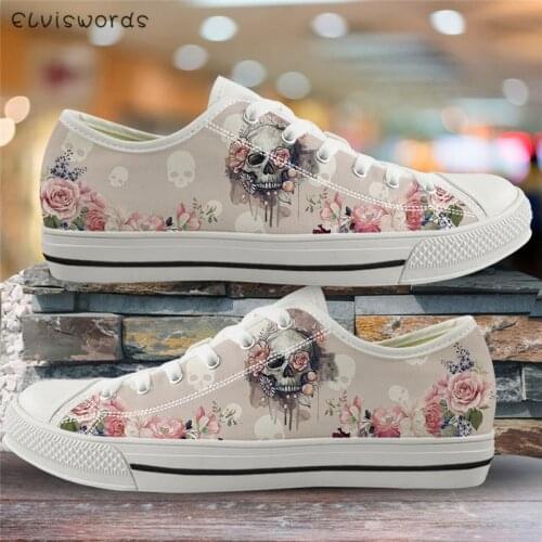 ELVISWORDS Beauty Skull Rose Print Women Flats Canvas Vulcanized Shoes for Ladies Girls High Quality Sneakers Outdoor Footwear