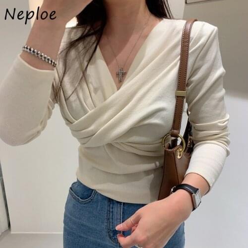 Neploe Korean V-Neck Cross Drape Design Slim T Shirt Women Work Style Ol Multicolor Casual Tees Autumn Winter Sexy Lady Top