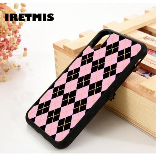 Iretmis 5 5S SE 6 6S TPU Silicone Phone Case Cover for iPhone 7 8 Plus X Xs 11 12 MINI Pro Max XR Pink And Black Argyle Pattern