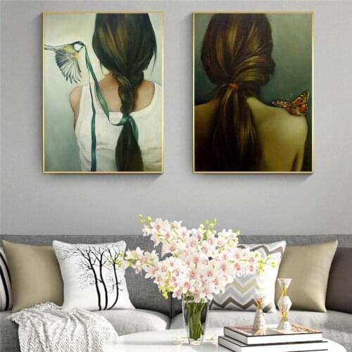 Canvas Painting Flowers Bird Feathers Woman Abstract Wall Art Print Poster Picture Decorative Painting Living Room Decoration