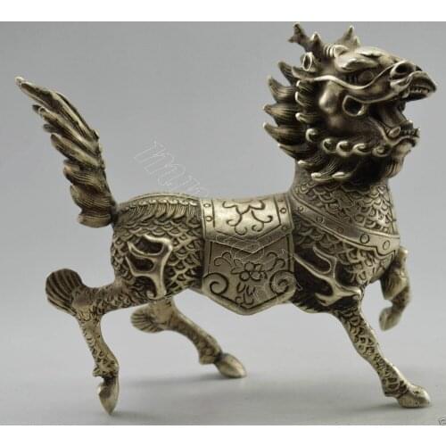 Collectible Decorated Old Handwork Tibet Silver Carved Kylin Statue metal handicraft home decorations