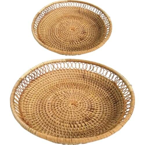 Rattan Storage Tray, Round Basket, Hand-Woven, Rattan Tray Wicker Basket Bread Fruit Food Breakfast Display