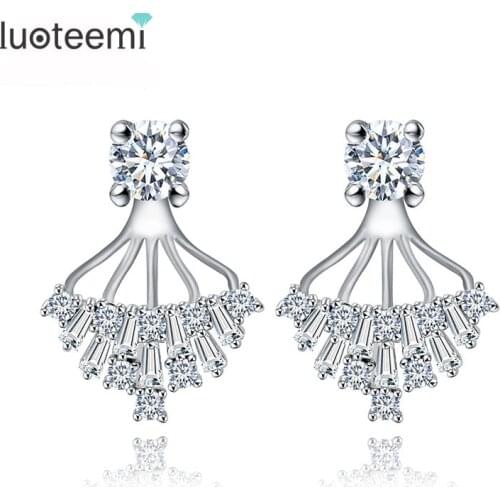 LUOTEEMI Fashion Chic Double Side Cubic Zircon Crystal Ear Jacket Stud Earrings Delicate Brinco Cute White Gold Color Jewelry