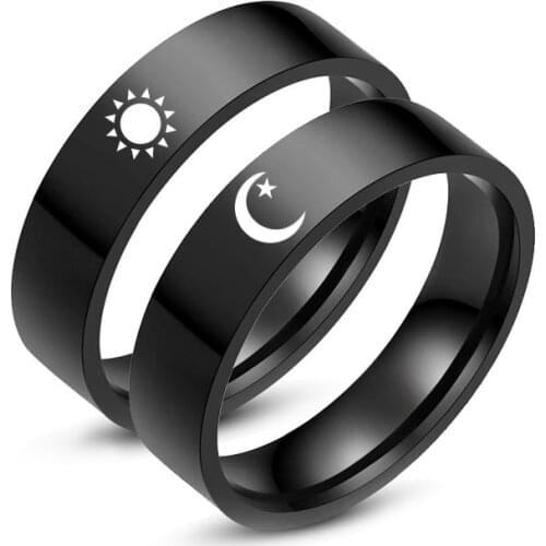 Fashion Style Jewellery Moon Star Sun Couple Rings Lovers Rings for Women Men Classic Black Color Stainless Steel Gift Accessori