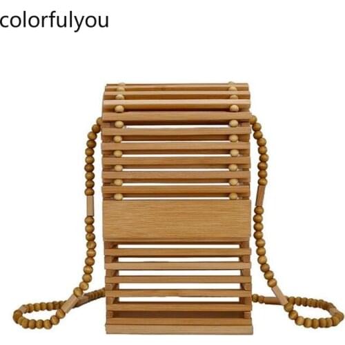 2021 New Hollow Bamboo Shoulder Bag Ladies Beaded Chain Crossbody Bags Fashion Vacation Beach Bag Purses and Handbags Wood Color