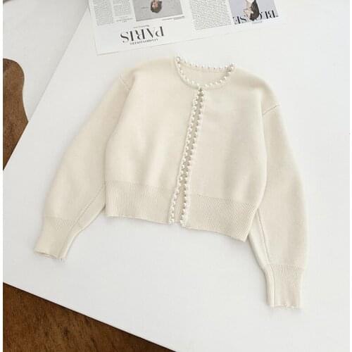 New Women Knitted Pearl-Trimmed Sweater Lady Long Sleeve O-Neck Knitted Cardigan Coat 2021 New Knitwear
