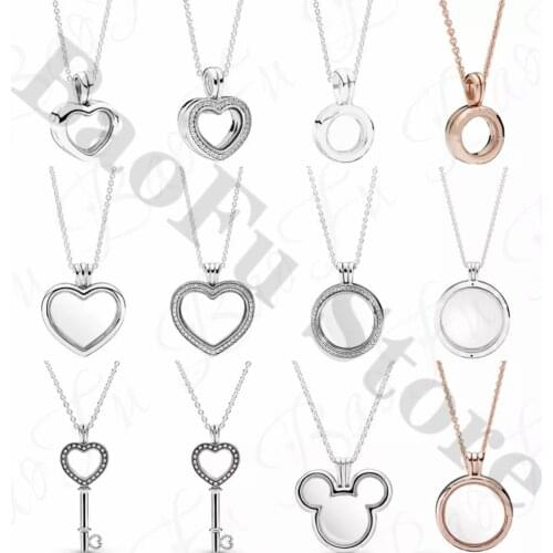 Original 100% 925 Sterling Silver Necklace Round and Love Floating Box Magic Box Glass Key Suitable for Women DIY Jewelry