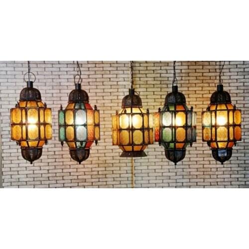 Coffee hanging lamp Morocco antique Xinjiang Muslim exotic style colored glass iron carving