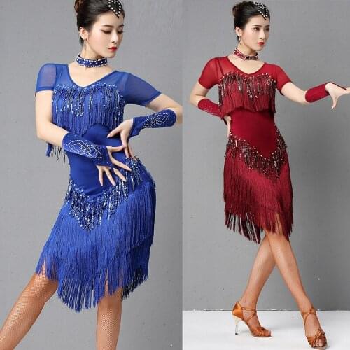 Professional Latin Dance Competition Dresses WomenS Sexy Mesh Short-Sleeve Dress Practice Clothes Sequin Fringed Dress DL5950