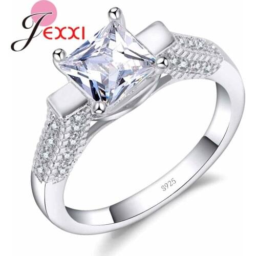Simple Square White Crystal Ring Clear Cubic Zircon 925 Sterling Silver Wedding Propose Jewelry for Ladies Marriage Gift