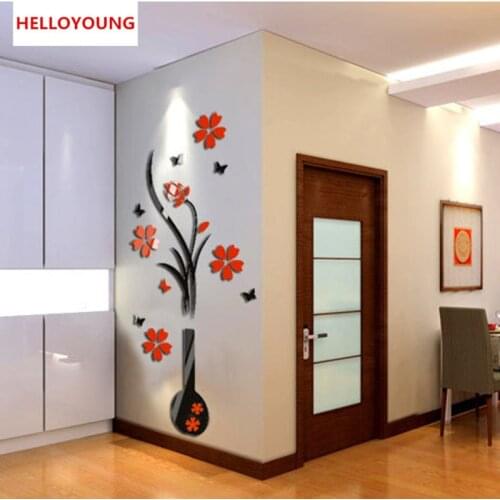 QT-0057 DIY Vase Flower Tree Crystal Acrylic 3D Wall Stickers Decal Vase Acrylic Sticker Flower In Vase Home Decor Sticker