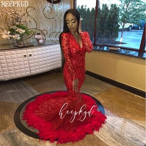 Bling Red Sequins Mermaid Prom Dresses With Feathers V Neck Long Sleeves Plus Size Black Girls Graduation Dress Robe De Soiree