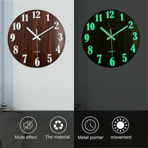 Luminous Wall Clock,12 Inch Wooden Silent Non-ticking Kitchen Wallclock With Night Lights For Indoor/outdoor Living Room Digital