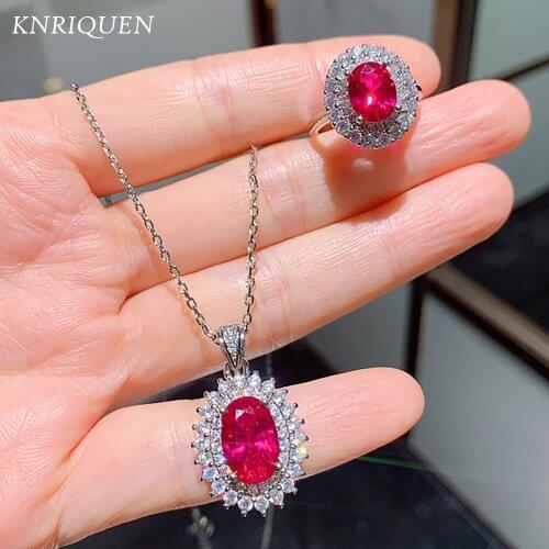 Charms 925 Sterling Silver 7*9mm Oval Ruby Gemstone High Carbon Diamond Pendant Necklace Rings Wedding Jewelry Sets for Women