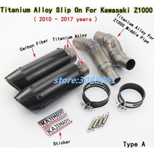Titanium Alloy Slip On Motorcycle Exhaust Middle Link Pipe Round Carbon Fiber Muffler With Sticker For Kawasaki Z1000 2010-2017
