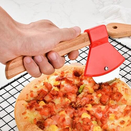Stainless Steel Axe Pizza Cutter Bamboo Handle Single Wheel Pizza Cutter Kitchen Tools Baking Accessories Home Gadgets