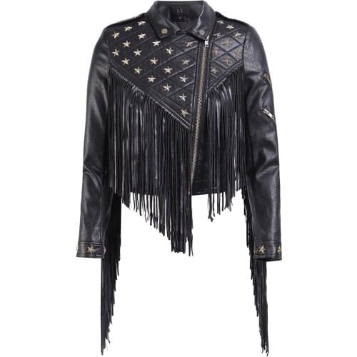 Fashion Punk Female Short Slim Fit Pu Leather Black Rock Jackets For Women Motorcycle Beading Rivet Tassel Leather Jacket Coat