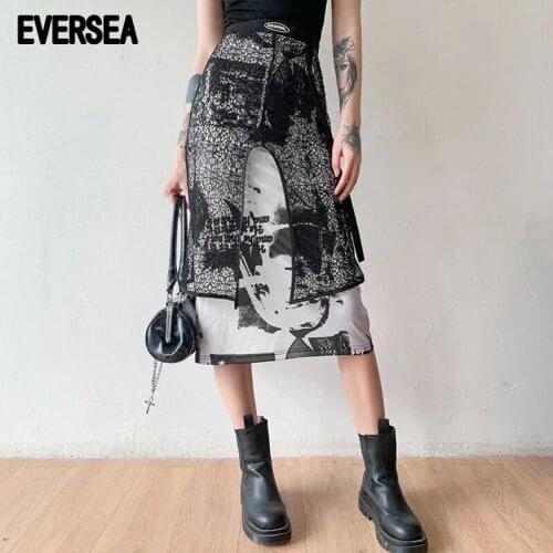 Eversea Summer Lace Patchwork Mid Calf Skirt Women High Waist Fit Body Cool Girl Print Bottom Wear
