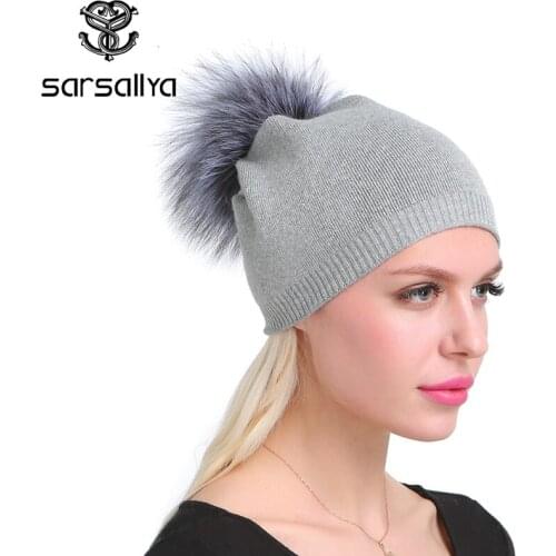 Women winter hat wool knitted beanies cap real natural fox fur pompom hats solid colors gorros cap female causal hat