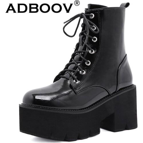 ADBOOV Chunky Heels Platform Women Boots Plus Size 41 42 Patent Leather Ankle Boots Height Increasing 8 CM Pumps Ladies